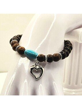 Turquoise Heart Bracelet, Western Beaded Stretch Bracelet, Boho Heart Charm